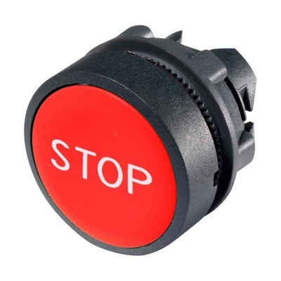 ZB5AA434 Schneider Harmony XB5 Red Pushbutton Actuator marked &#039;STOP&#039; 22.5mm Spring Return Dark Grey Plastic Bezel