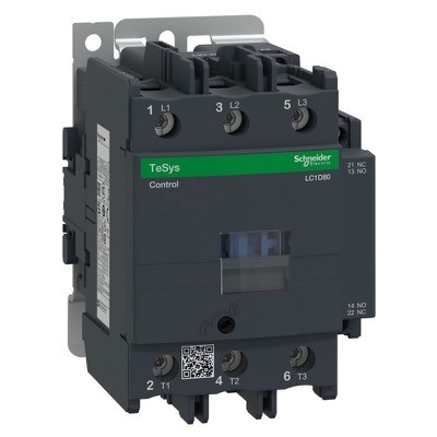 LC1D80B7 Schneider TeSys D Contactor 3 Pole 80A AC3 37kW 1 x N/C Auxiliary &amp; 1 x N/O Auxiliary 24VAC Coil