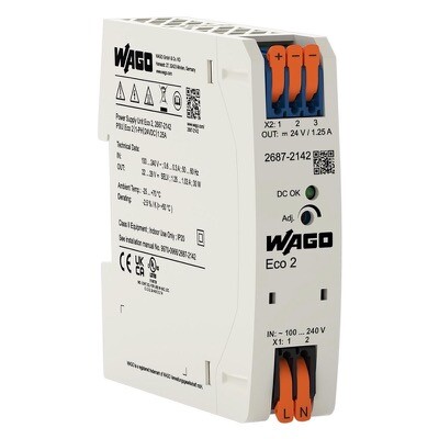 2687-2142 WAGO Eco 2 Power Supply 1-Phase 24VDC Output Voltage 1.25A Output Current Input Voltage 90-264VAC DC-OK LED