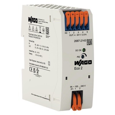 2687-2143 WAGO Eco 2 Power Supply 1-Phase 24VDC Output Voltage 2.5A Output Current Input Voltage 90-264VAC DC-OK LED