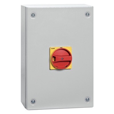 GAZM125 Lovato GAZM 125A 3 Pole Switch Disconnector IP65 Metal Enclosure with Red/Yellow Handle 300H x 200W x 143mmD