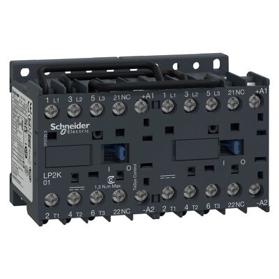 LP2K0601BD Schneider TeSys K Reversing Contactor 3 Pole 6A AC3 2.2kW 1 x N/C Auxiliary 24VDC Coil