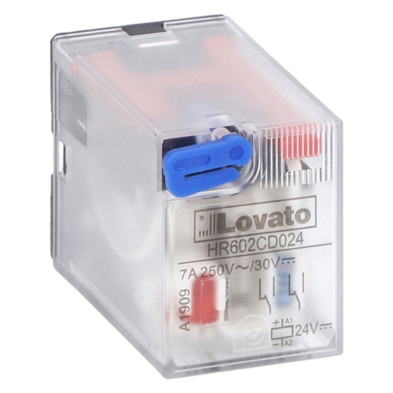 HR602CD024 Lovato HR60 2 Pole 7A Relay 24VDC Coil 2 Change-Over Contacts Lockable Test Button and LED Indication