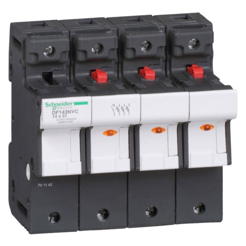 DF143NVC Schneider TeSys DF 14 x 51mm 50A Triple Pole &amp; Neutral Fuse Carrier with LED Indicator