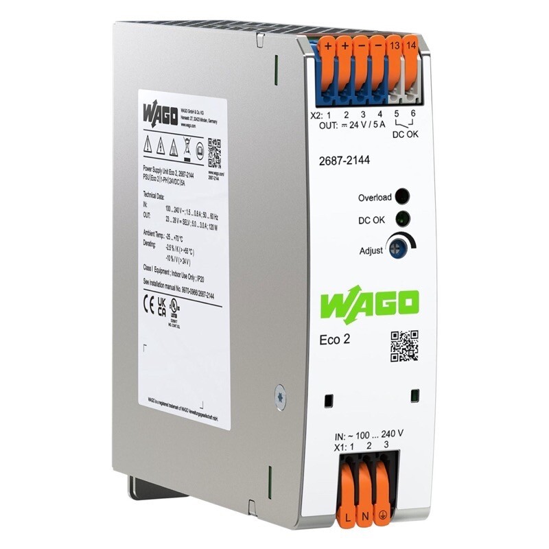 2687-2144 WAGO Eco 2 Power Supply 1-Phase 24VDC Output Voltage 5A Output Current Input Voltage 90-264VAC DC-OK LED