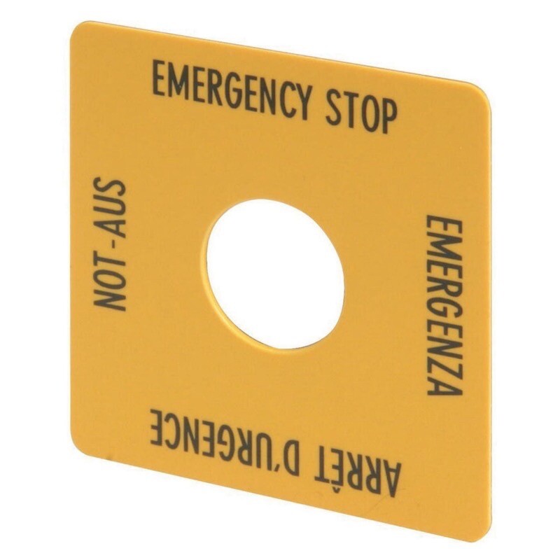 M22-XYK1 Eaton RMQ-Titan Emergency Stop Label Yellow 50H x 50mmW with Text in 4 Languages