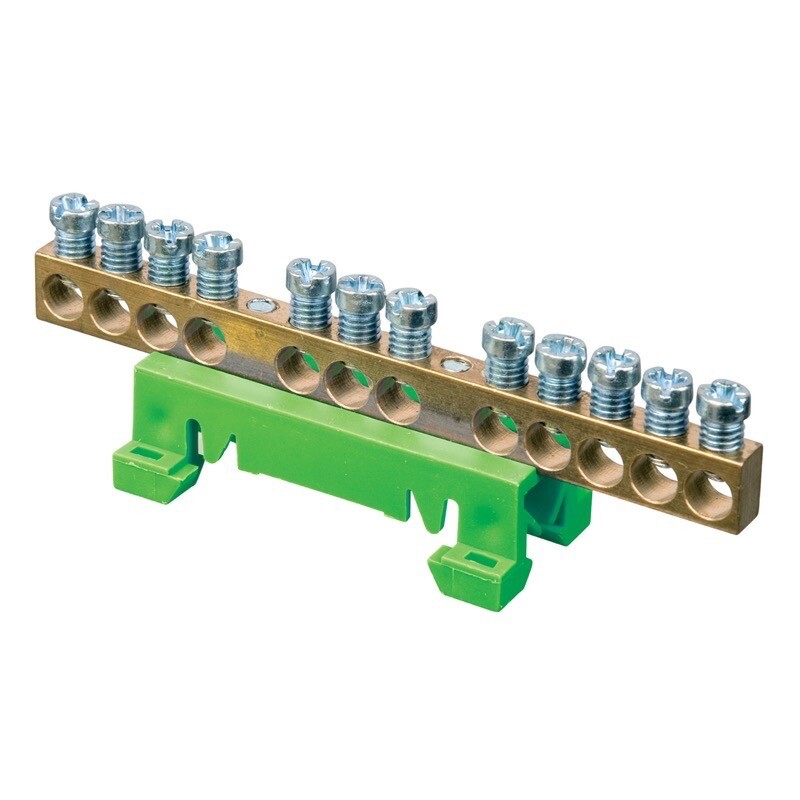 G870S 12 12 Way Earth Bar on Green DIN Rail Clip 63A 690V 1.5-10mm2