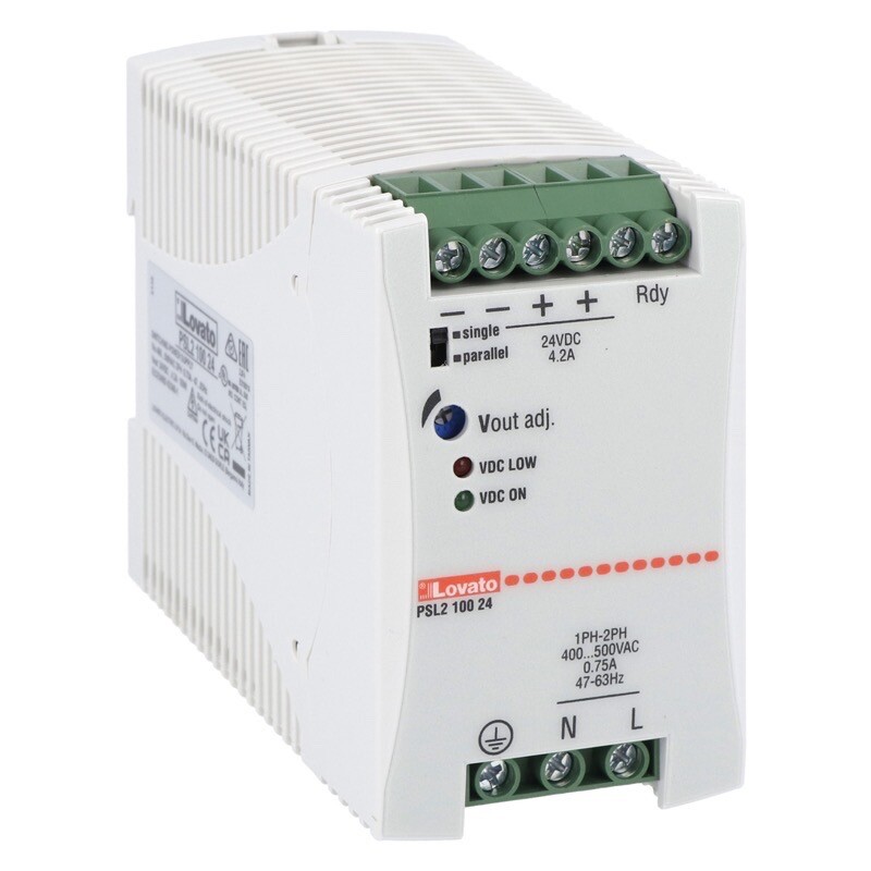 PSL210024 Lovato PSL2 Two-phase Power Supply 4.2A 100W 400-500VAC Input Voltage 24VDC Output Voltage